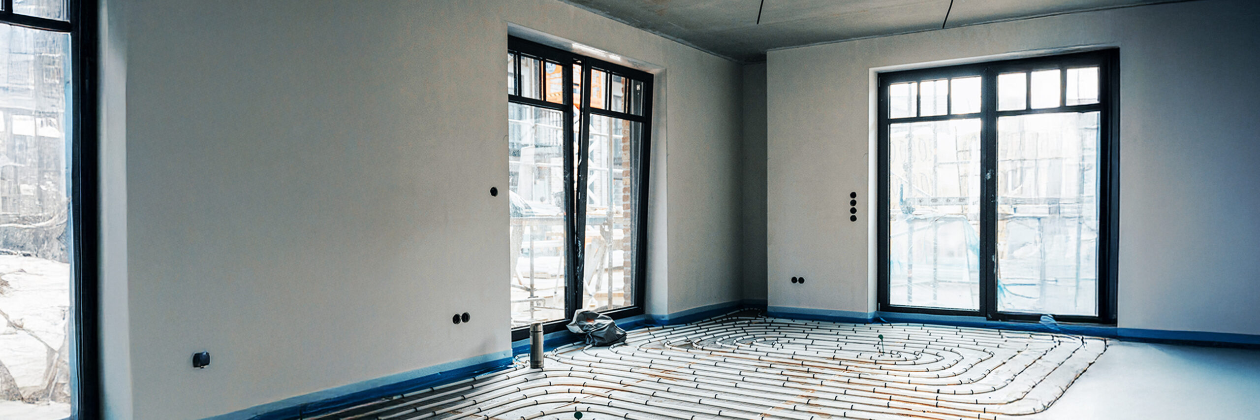 Ein heller Neubau-Raum mit verlegten Heizungsrohren im Boden, die spiralförmig angeordnet sind.