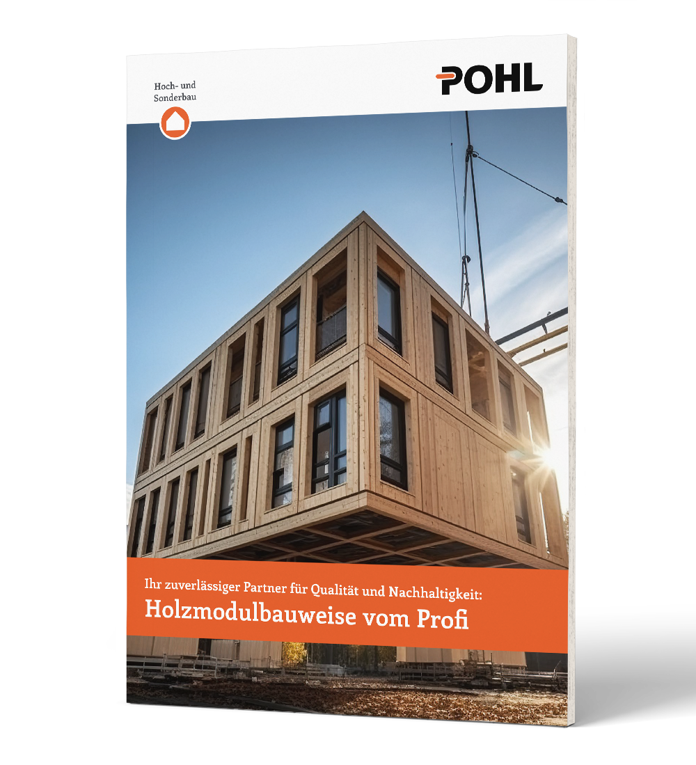 3D-Darstellung einer POHL-Broschüre mit einem modernen Holzmodulbau auf dem Titel. Der orange Text lautet „Holzmodulbauweise vom Profi“. Im oberen Bereich steht das POHL-Logo.