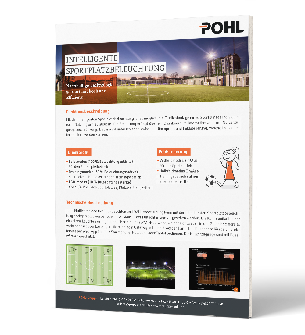 3D-Darstellung einer POHL-Broschüre zur intelligenten Sportplatzbeleuchtung. Auf dem Titel ist ein beleuchteter Fußballplatz und der Schriftzug „Intelligente Sportplatzbeleuchtung“. Oben rechts das POHL-Logo.