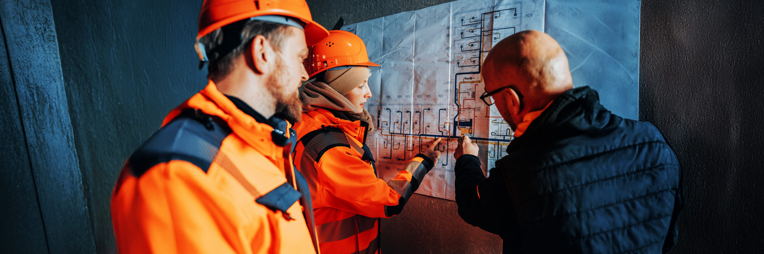 Drei POHL Mitarbeiter mit Schutzhelmen und Arbeitskleidung besprechen Baupläne an einer Wand.