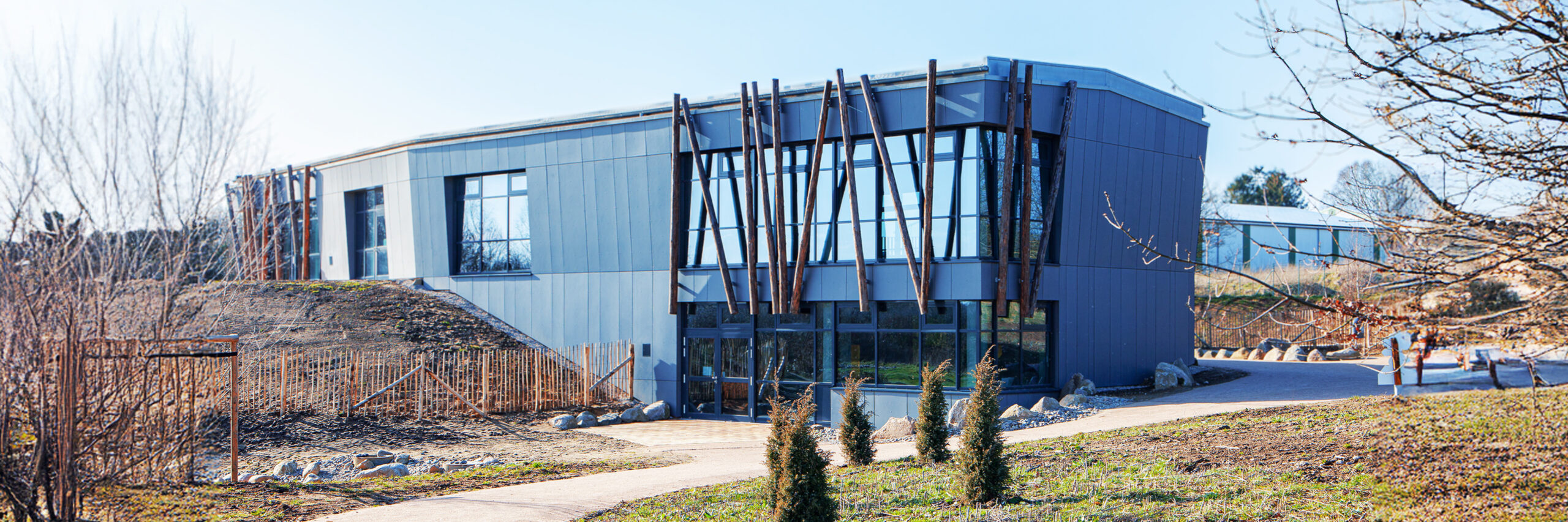 Referenz Steinzeithaus Albersdorf: Modernes Ausstellungsgebäude mit grauer Fassade und großen Glasfronten, davor auffällige Holzstämme als Gestaltungselemente.